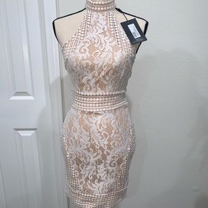 White high neck Lace Crochet Bodycon dress